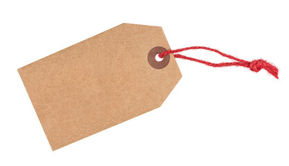Recycled paper tag with red twine isolated on transparent background, copy space