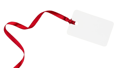 White gift tag with red ribbon isolated on transparent background