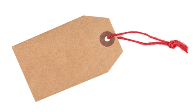 Recycled paper tag with red twine isolated on transparent background, copy space