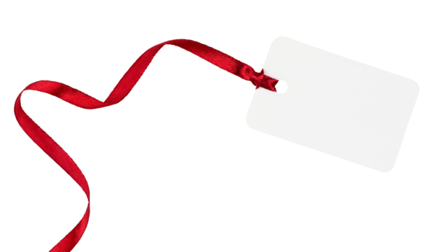 White gift tag with red ribbon isolated on transparent background