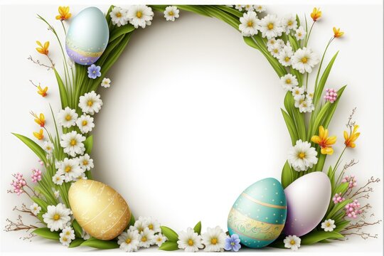 Circular easter frame decorated with easter eggs, digital illustration, Generative AI