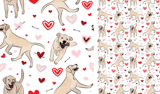 Labrador retriever dog Valentine's day heart wallpaper. Love doodles hearts with pets holiday texture. square background, repeatable pattern. St Valentine's day wallpaper, valentine romantic present.