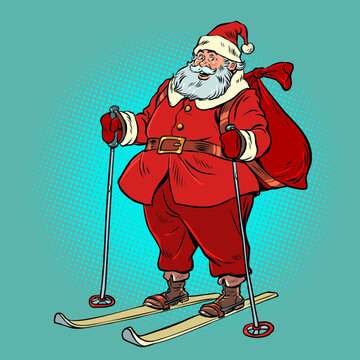 Santa Claus on skis Christmas and New Year. Red suit and big bag with gifts, holiday character