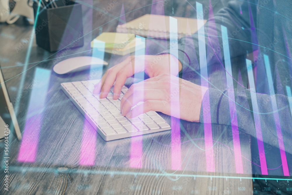 Poster Stock graph with businessman typing on computer in office on background. Concept of analysis. Double exposure.