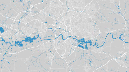 Trent river map, Nottingham city, England. Watercourse, water flow, blue on grey background road map. Vector illustration.