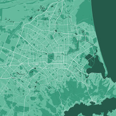 Detailed green map of Christchurch city, linear print map. Cityscape panorama.