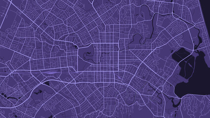 purple Christchurch city area vector background map, roads and water illustration. Widescreen proportion, digital flat design.