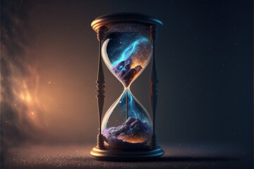 Hourglass with universe inside, galaxy inside hourglass, digital illustration, Generative AI