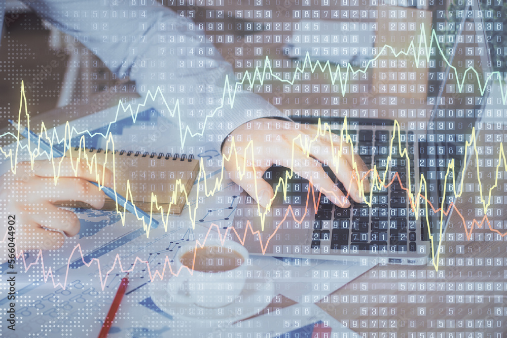 Poster forex graph with businessman working on computer in office on background. concept of hardworking. mu