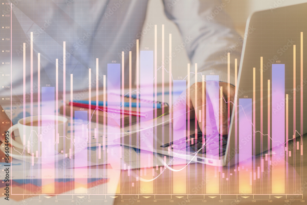 Poster Forex graph with businessman working on computer in office on background. Concept of hardworking. Multi exposure.