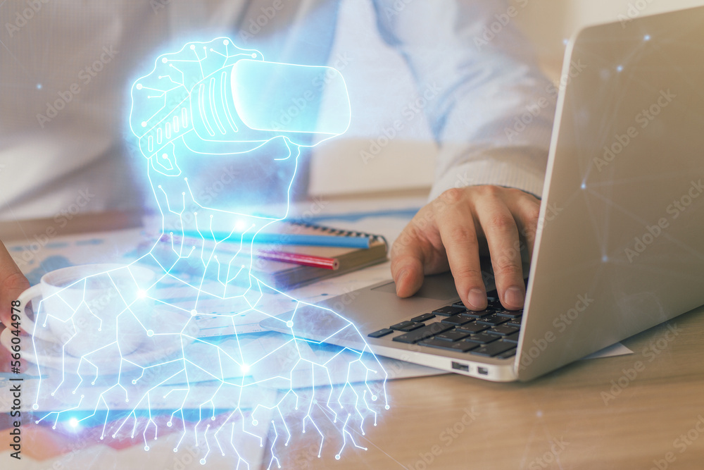 Aufkleber ar hologram with man working on computer on background. augmented reality concept. double exposure.