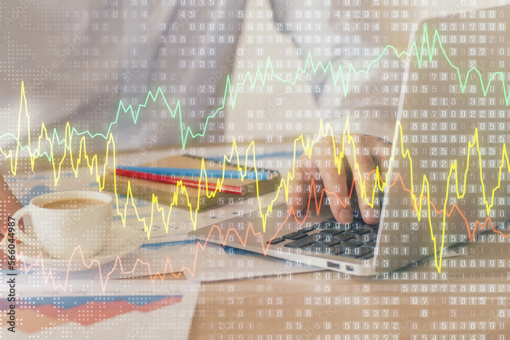 Poster forex graph with businessman working on computer in office on background. concept of hardworking. mu