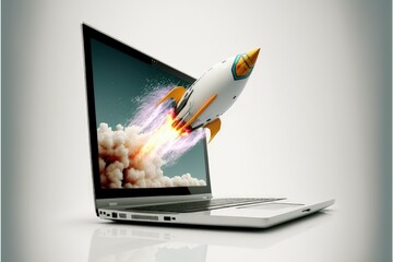 Rocket flying from notebook screen on white background, startup concept, Generative AI
