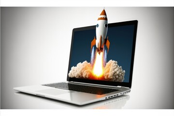 Rocket flying from notebook screen on white background, startup concept, Generative AI
