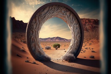 Fototapeta premium Magic portal in the desert, portal to fantasy dimension, digital illustration, Generative AI