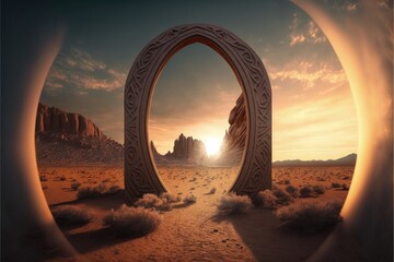 Magic portal in the desert, portal to fantasy dimension, digital illustration, Generative AI - obrazy, fototapety, plakaty