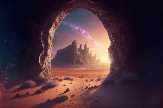 Magic portal in the desert, portal to fantasy dimension, digital illustration, Generative AI