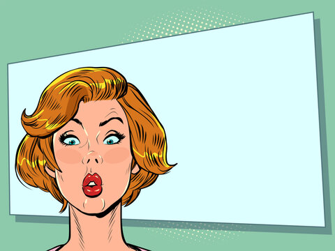 pop art surprised woman looks up. Attention gossip news universal blank background template