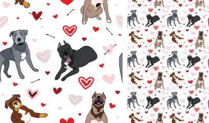 Pit Bull terrier dog Valentine's day heart wallpaper. Love doodles hearts with pets holiday texture. square background, repeatable pattern.St Valentine's day wallpaper, valentine present, print tiles.