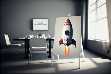 Banner on tripod with rocket in office, startup creation, Generative AI