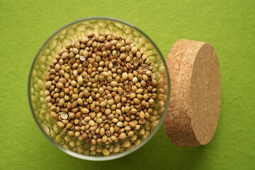 Coriander seeds in a glass jar on a green background