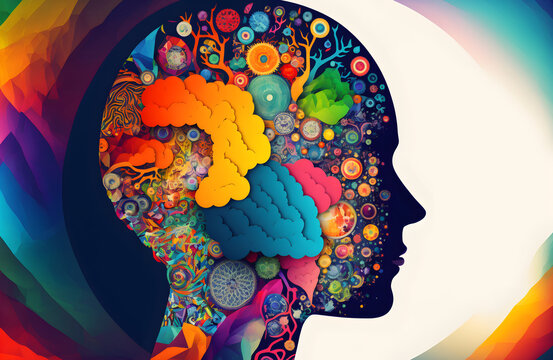Colorful Illustration concept of a creative mind. Concept art collage with a human brain exploding with knowledge and creativity. Created with Generative AI.