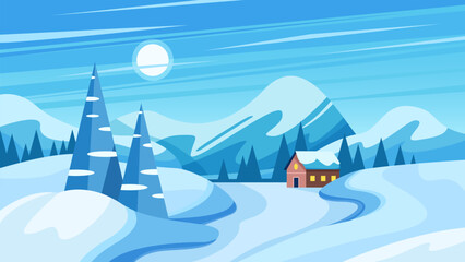 Naklejka na ściany i meble Winter mountain landscape with house and snow vector illustration. Cartoon snowy sunny nature scene with wooden cabin and pine trees in snowdrifts, sun in blue sky, forest and mountains on horizon