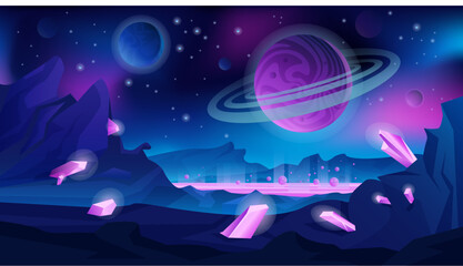 Alien landscape vector illustration. Cartoon planet in outer space, neon extraterrestrial lava on ground and fairy tale glowing crystals in dark rocks, cosmic scenery with globe of Saturn in sky