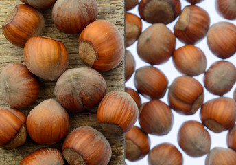 beautiful hazelnuts on a wooden background close-up