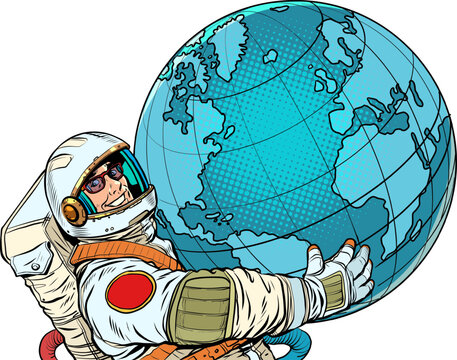 Astronaut man holds in his hands the planet earth science ecology humanity