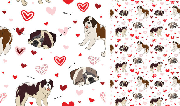 St Bernard dog Valentine's day heart wallpaper. Love doodles hearts with pets holiday texture. square background, repeatable pattern. St Valentine's day wallpaper, valentine present, print tiles.
