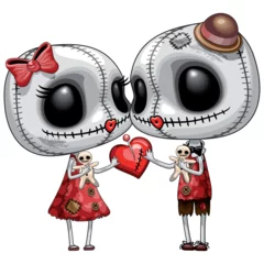 Afwasbaar Fotobehang Draw Love Voodoo Dolls Girl and Boy Kiss Creepy Cute Valentine's Day Character Vector illustration isolated on white 