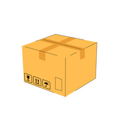 Cardboard box icon with symbols isolated on white background. Cartoon Delivery cargo box with fragile care sign symbol
