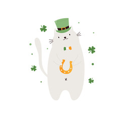 Funny holiday design with a cat in a top hat holding a horseshoe for St. Patricks Day