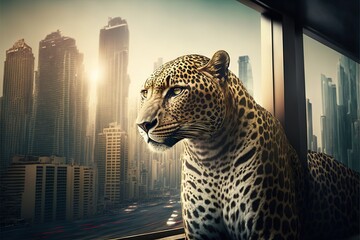 Leopard in city scape urban illustration generative ai