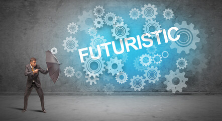 Obraz premium Businessman defending with umbrella concept