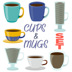 Cup of tea blue and turquoise SET in realistic style. Porcelain mug with hot cofee. Colorful PNG illustration.