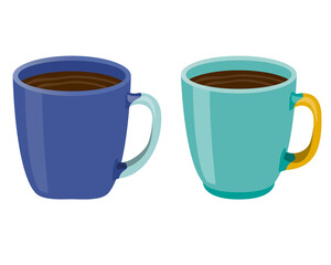 Cup of tea blue and turquoise SET in realistic style. Porcelain mug with hot cofee. Colorful PNG illustration.