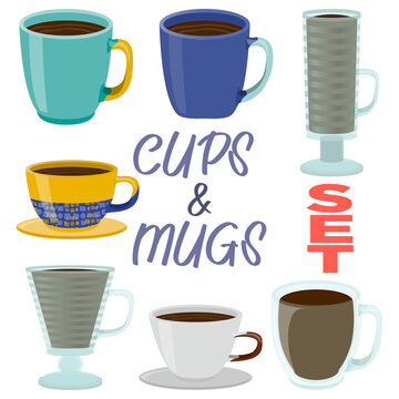Cup of tea blue and turquoise SET in realistic style. Porcelain mug with hot cofee. Colorful PNG illustration.
