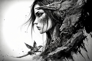 Woman ink black and white art fantasy beauty person birds