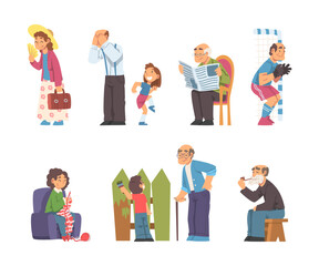 Grandpa and Grandma Engaged in Different Activity with Grandchild Vector Illustration Set