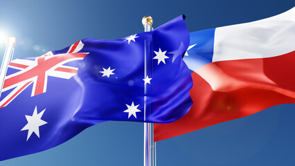 australia and chile flag waving in the wind against a blue sky. australian, chile national symbols 3d rendering