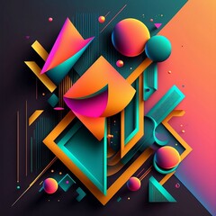 Geometric abstract. Neon colors. Abstract polygonal backgrounds with striped triangles and 3D cubes vector designs set. Abstract geometry shapes.
