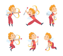 Funny Cupid Boy as Adorable Joyful Kid Angel Cherub with Bow and Arrow Vector Set