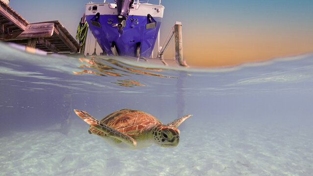 photo of Sea turtle in the bahamas island, closeup, beauty of nature concept
