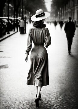 young woman walking in Geneva in 1948. monochromatic vintage. This image was created with generative AI