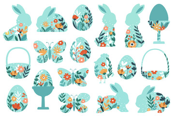 Patterns in easter elements flat icons set. Different shapes of bunny, chick, butterfly and egg with floral design