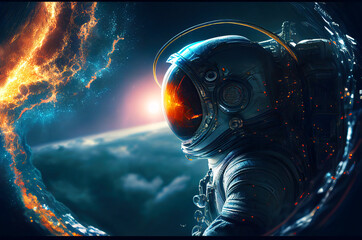 Fototapeta na wymiar Astronaut floating in the space with galaxy and planet in background. Generative ai illustration 
