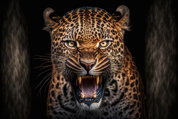 Foto op Plexiglas Sngry wild leopard Bare teeth on black isolated  background illustration generatiev ai © Roman