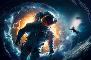 Astronaut floating in the space with galaxy and planet in background. Generative ai illustration 